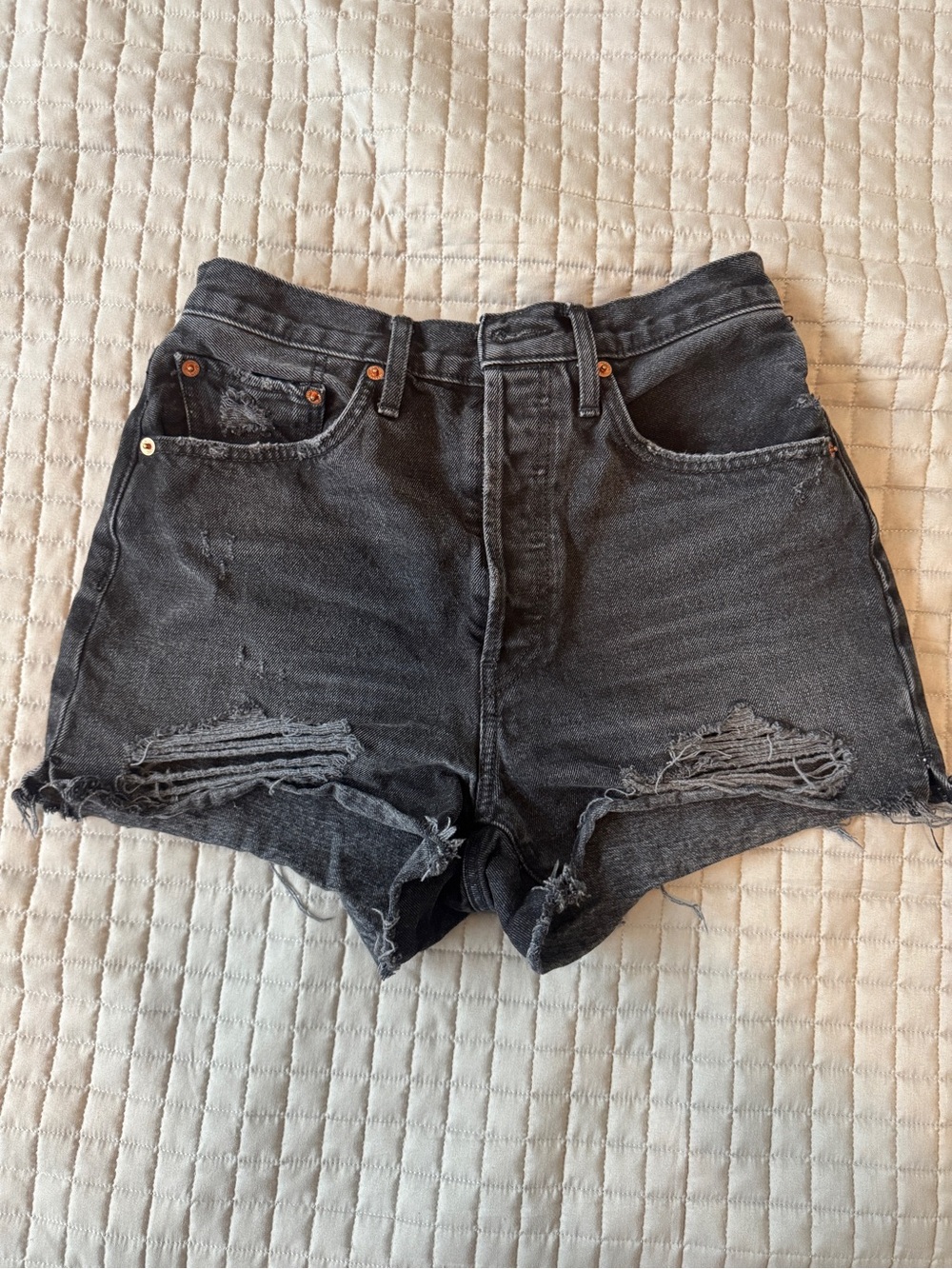 Re/Done Black Distressed High-Rise Denim Shorts